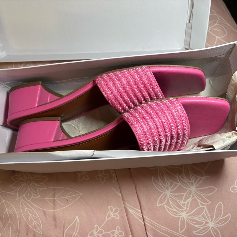 Marc Fisher Pink Woven Slide Mules with Low Block Heel